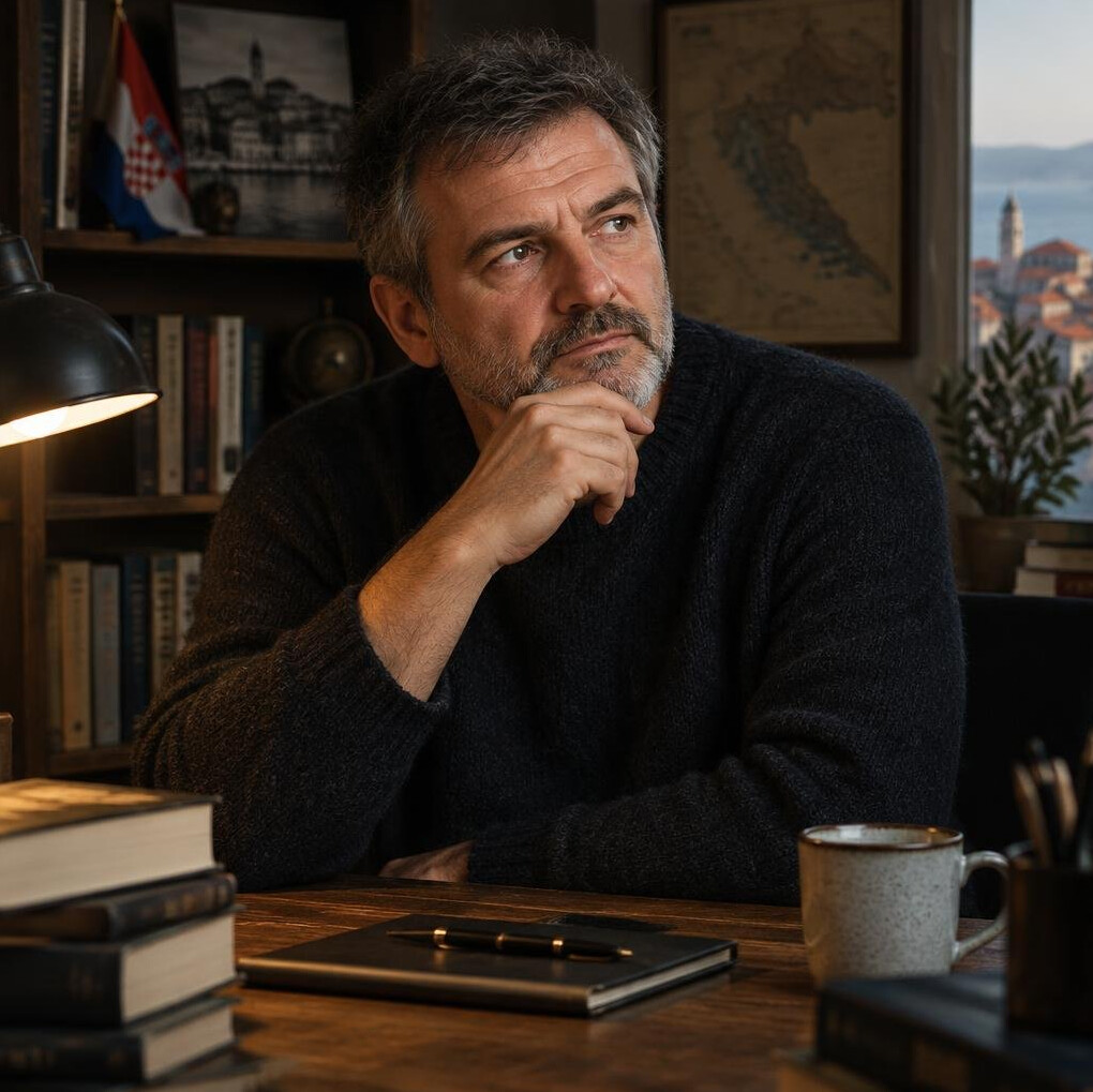 Portrait of a Croatian male novelist sitting at a wooden desk