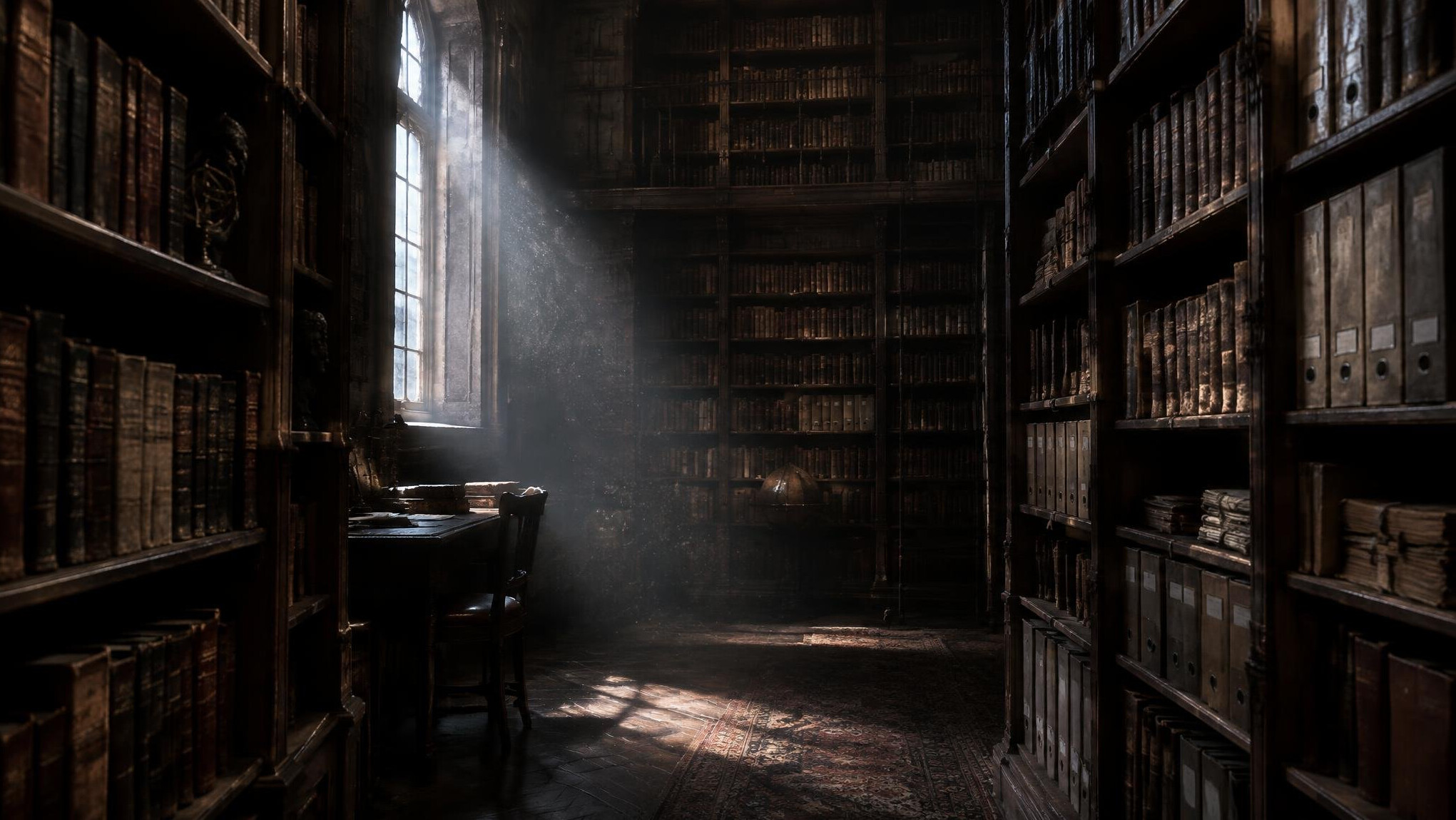 Dim old library with tall bookshelves and archive files