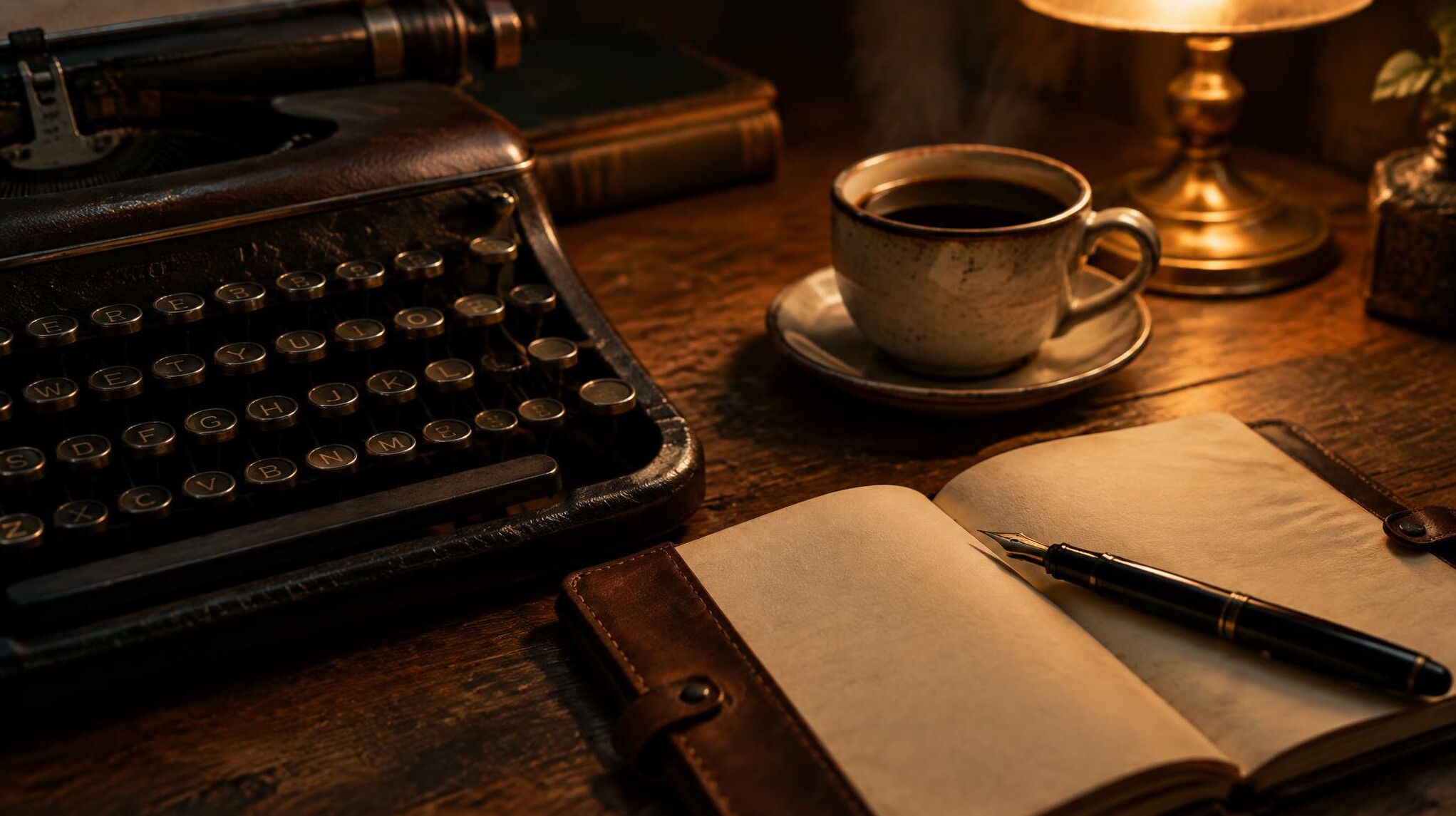 Vintage typewriter with notebook and coffee cup on wooden desk