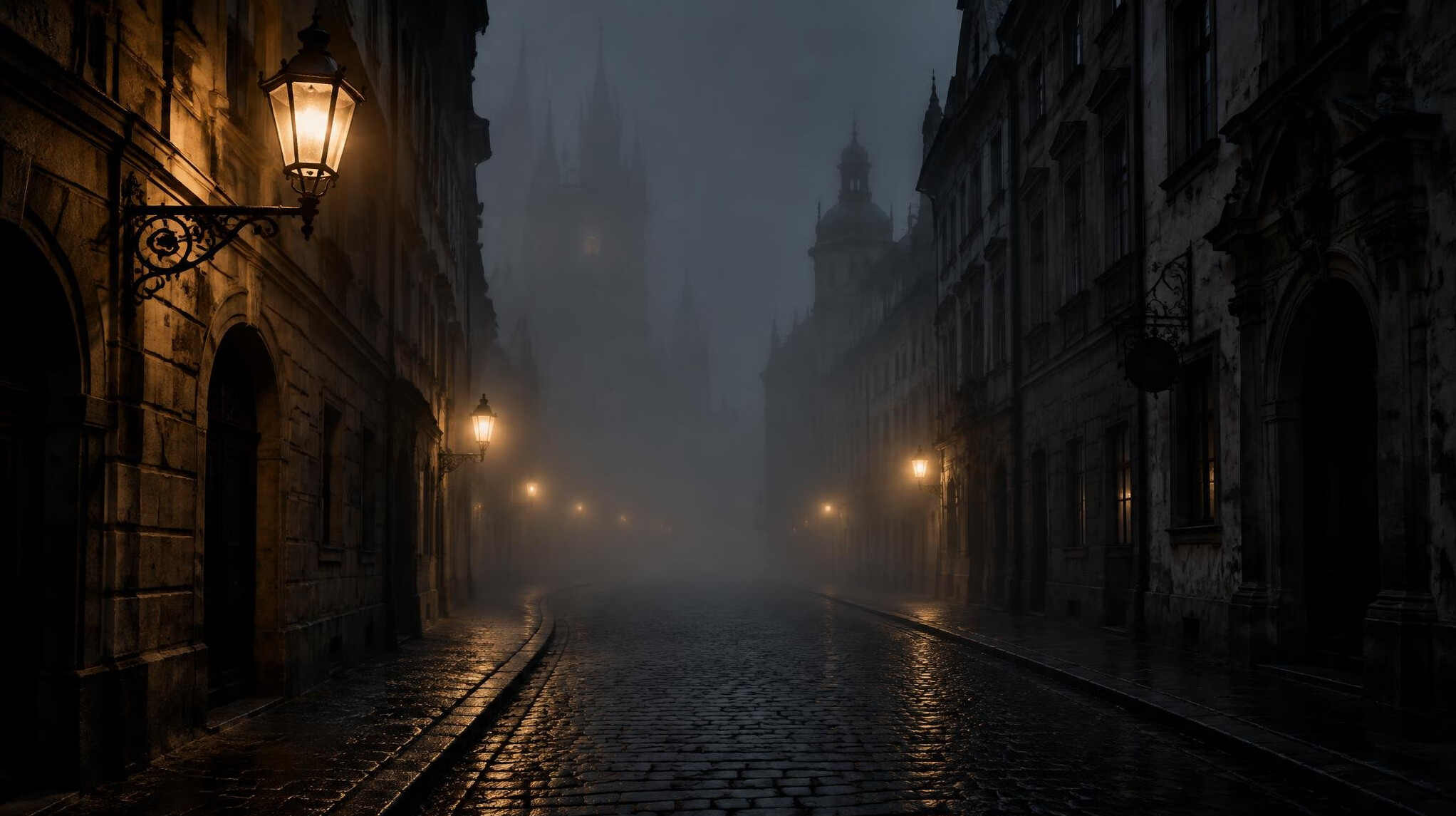 Foggy European city street at night with old street lamps