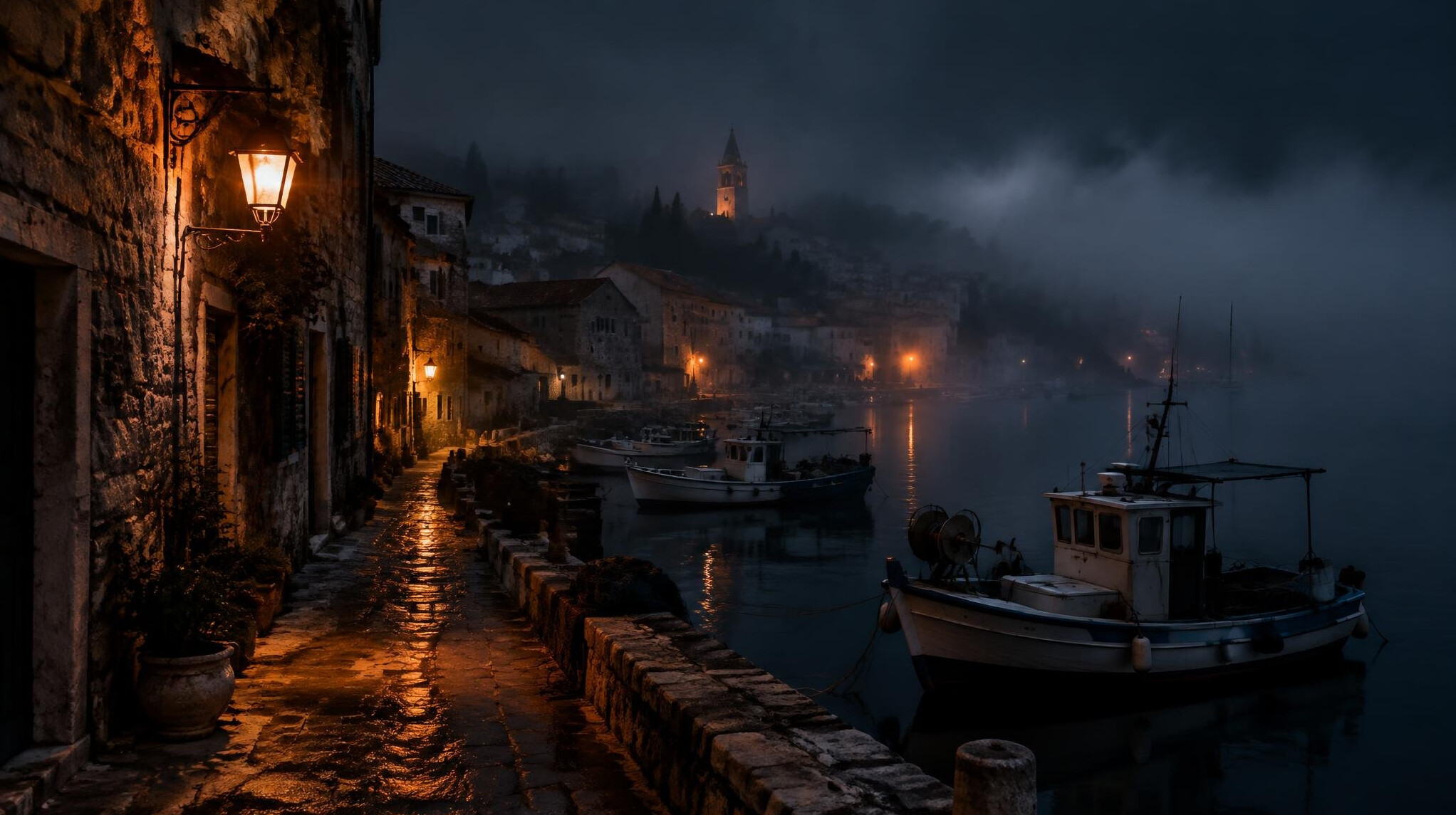 Adriatic coastal town at night with stone houses and dim lights