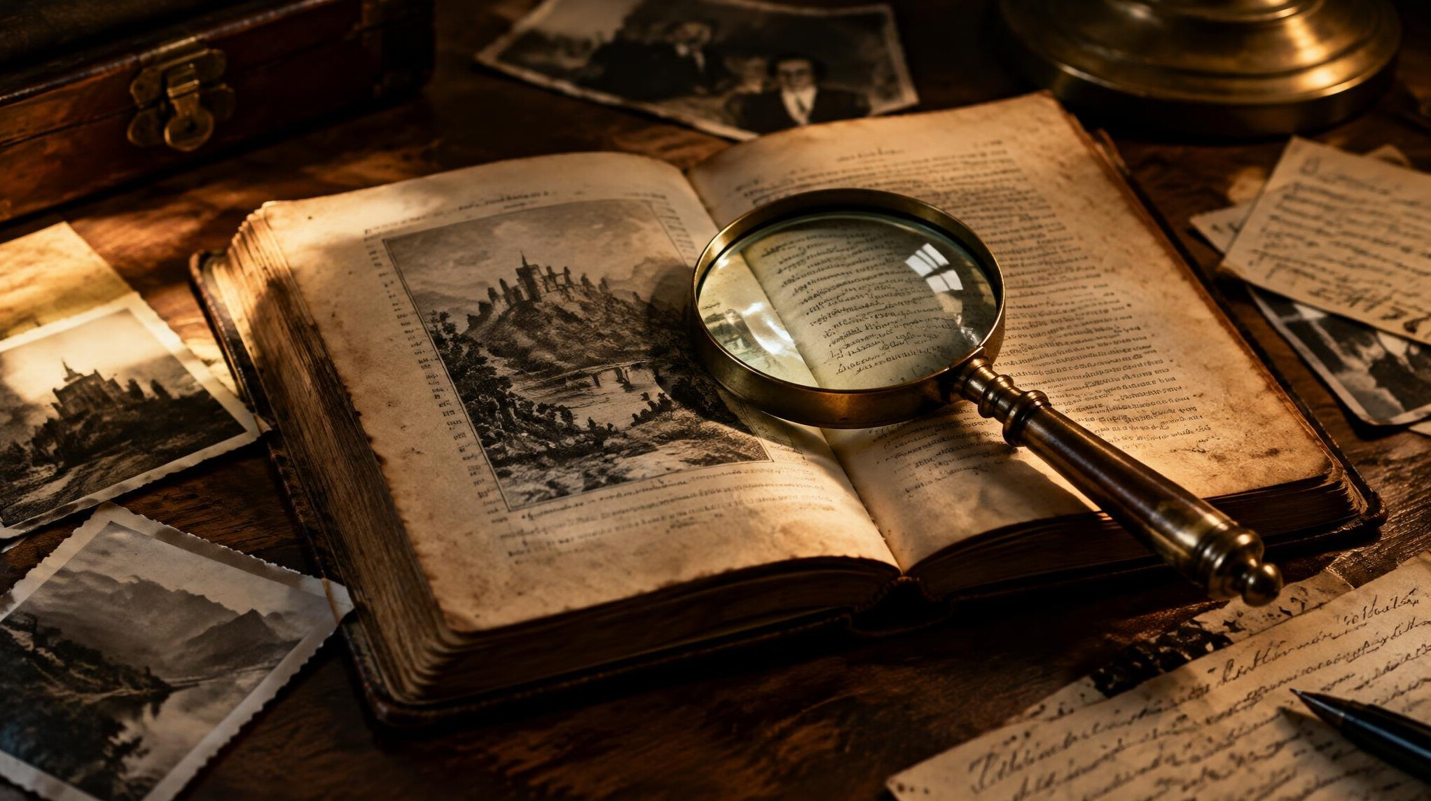 Open book with magnifying glass and old photographs on desk